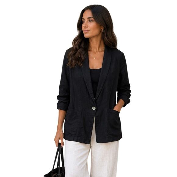 J jill Jackets & Blazers - J. Jill Linen Blazer Women’s XL Black Open Front One Button Lightweight Jacket